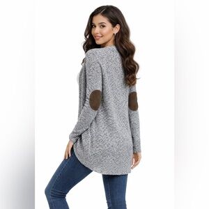 Retrod Gray Heathered Cardigan Brown Elbow Patches Open Front Cozy Sweate